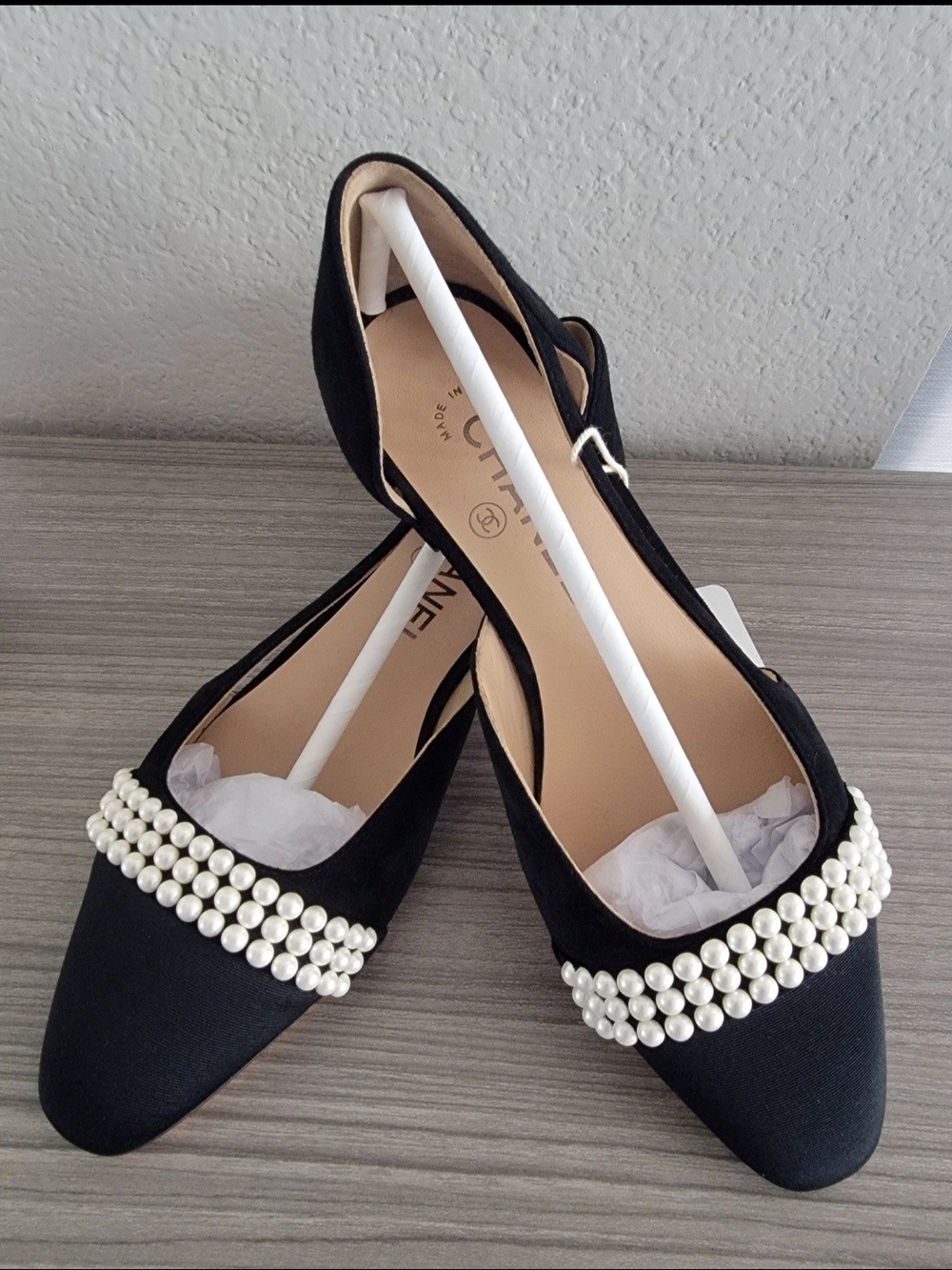 ​CHANEL Black Suede Satin Pearl d'Orsay Flats Size US 5.5 EU 35.5 NWOB